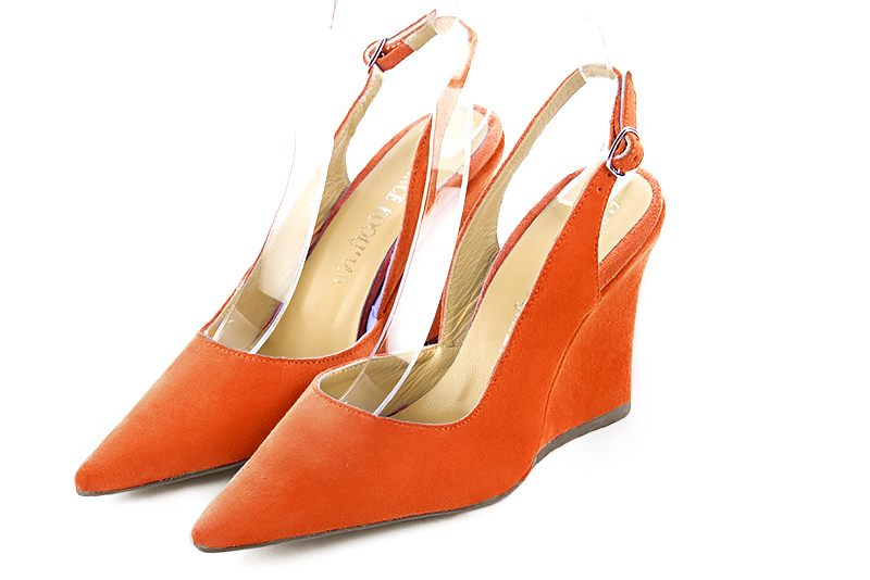Clementine orange women's slingback shoes. Pointed toe. Very high wedge heels. Front view - Florence KOOIJMAN